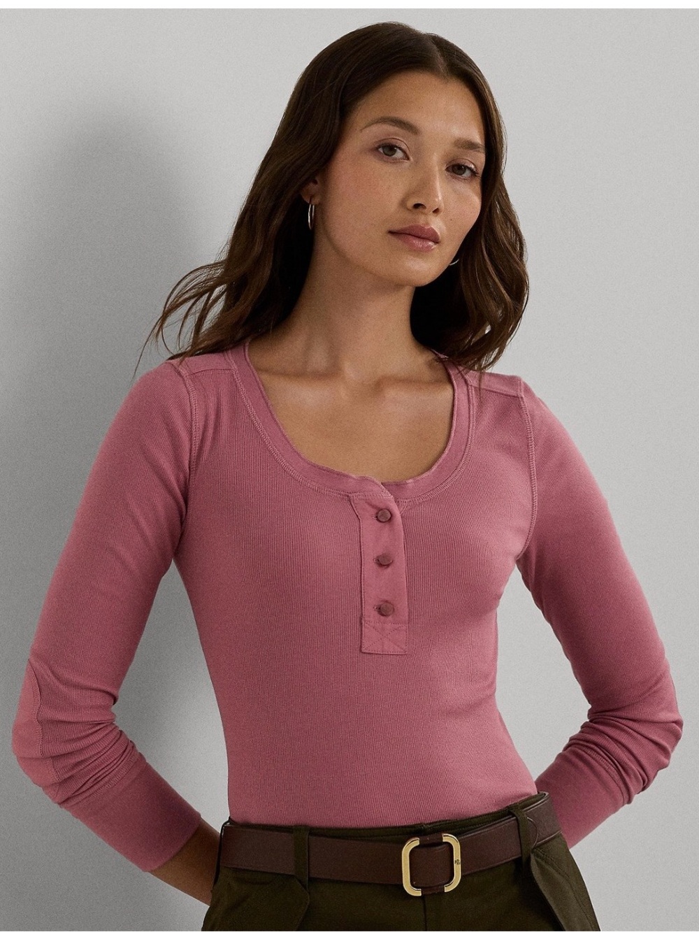 Ralph Lauren Women’s Long Sleeve Henley Top in Dusty Rose Size S Preppy